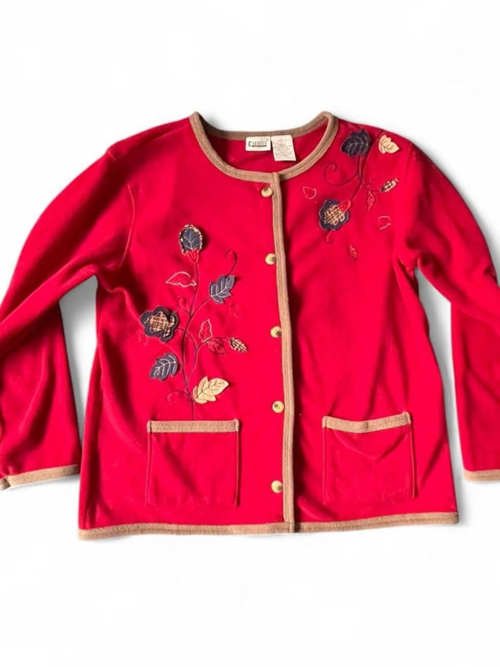 Capacity Knits Women's M Vintage 90s Leaf Embroidered Fall Red Fleece Cardigan